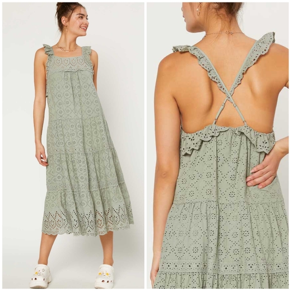 Current Air Dresses & Skirts - CURRENT AIR Anthro Sage Green Eyelet Midi Dress